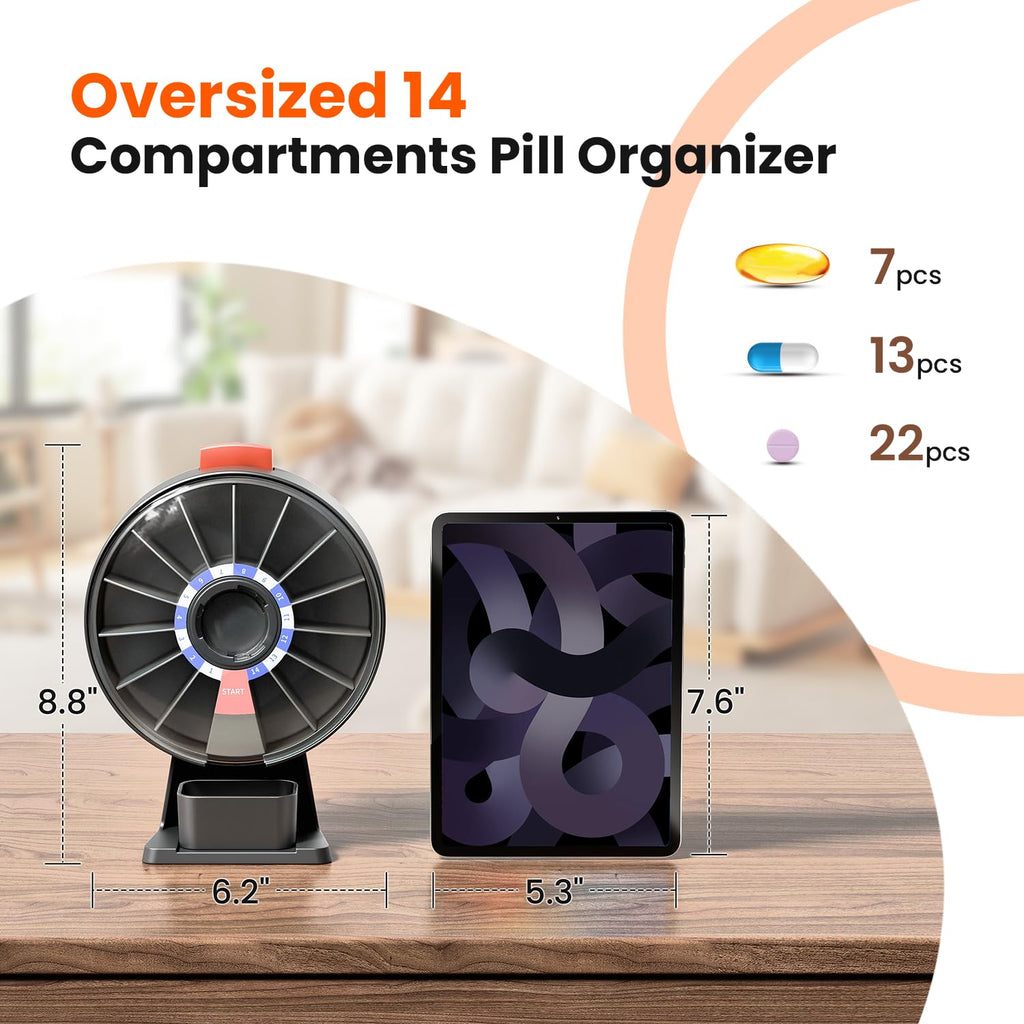 Fourteen day pill box standing upright on a kitchen tabletop display