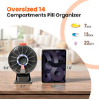 Fourteen day pill box standing upright on a kitchen tabletop display