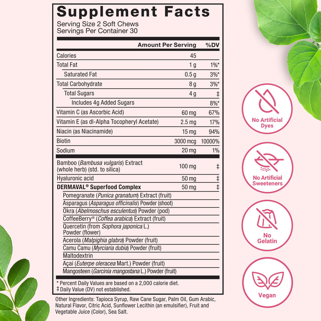 Force Factor biotin and hyaluronic acid soft chews for advanced skin hydration.