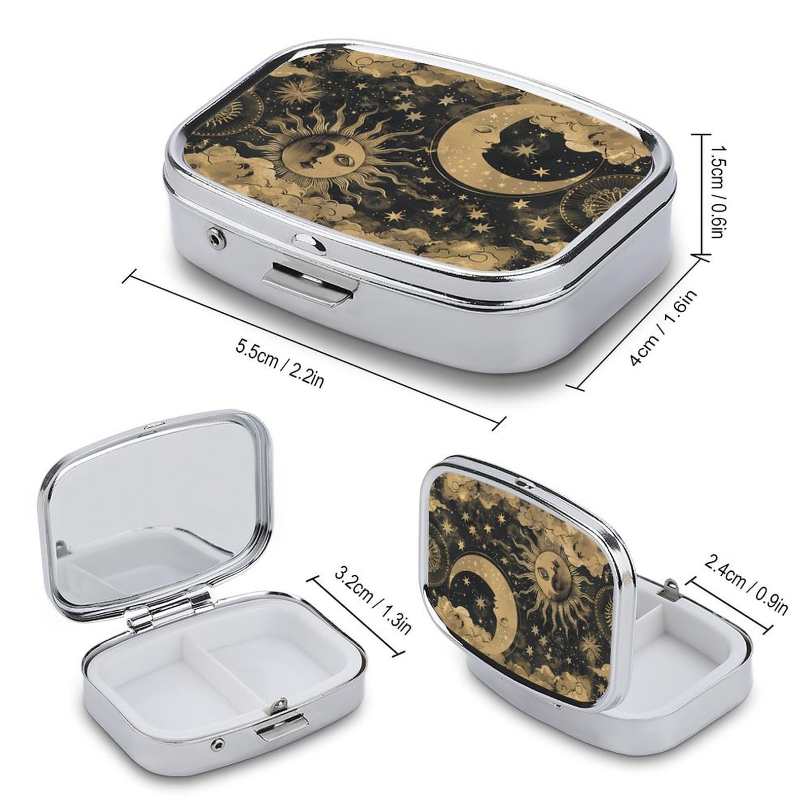 Generic compact medicine case opened displaying the two white plastic compartments