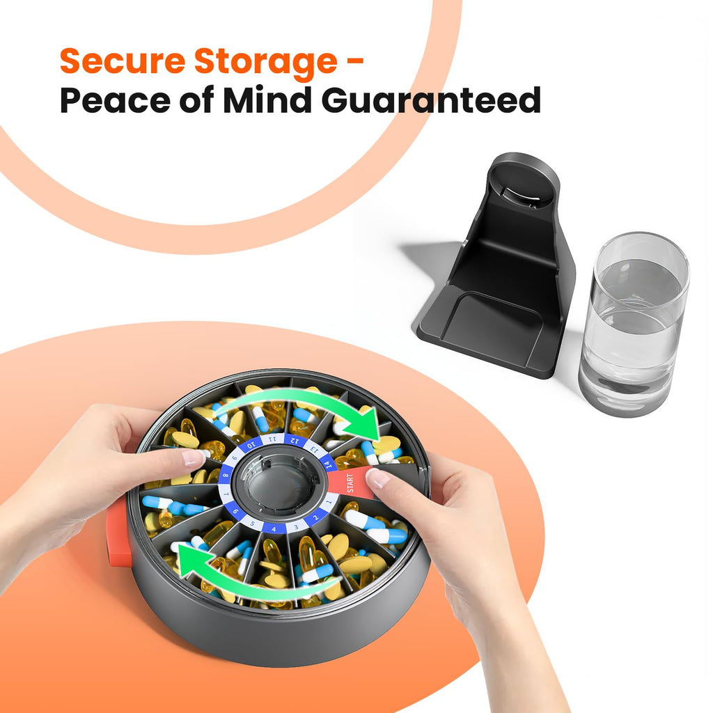 Spacious individual compartments filled with large vitamin capsules and fish oil softgels