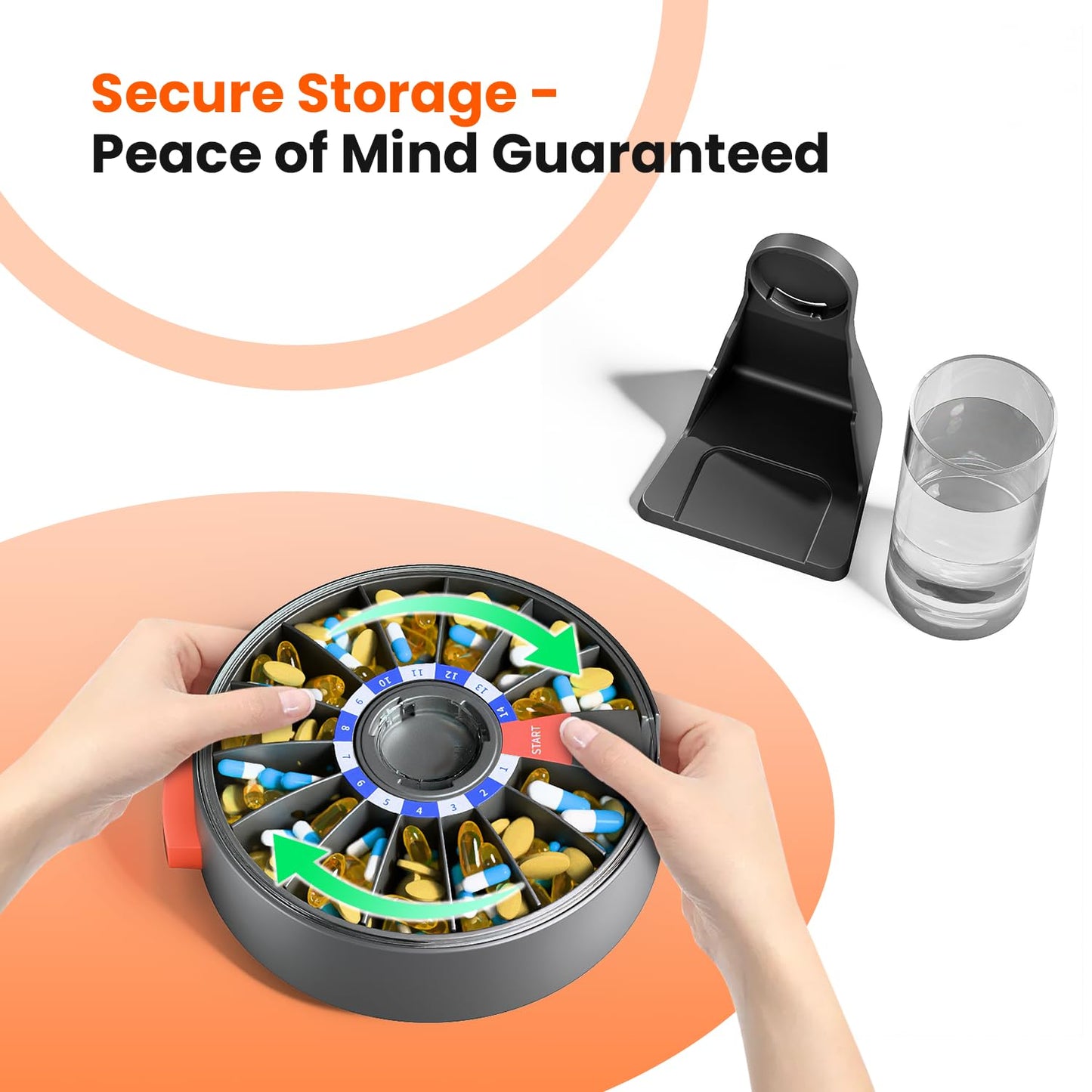 Spacious individual compartments filled with large vitamin capsules and fish oil softgels