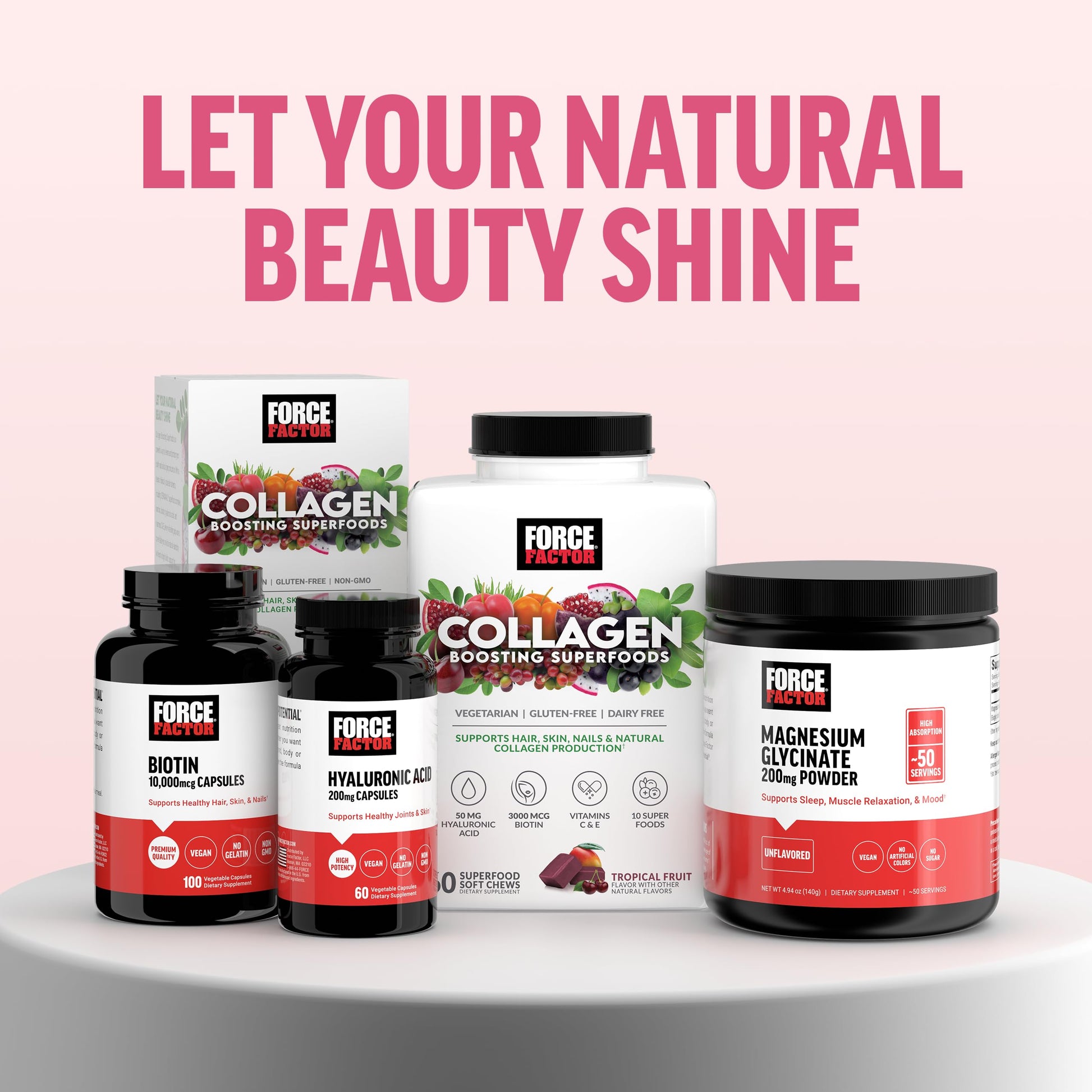 Vegetarian friendly collagen support vitamins C and E chews bottle angle view.