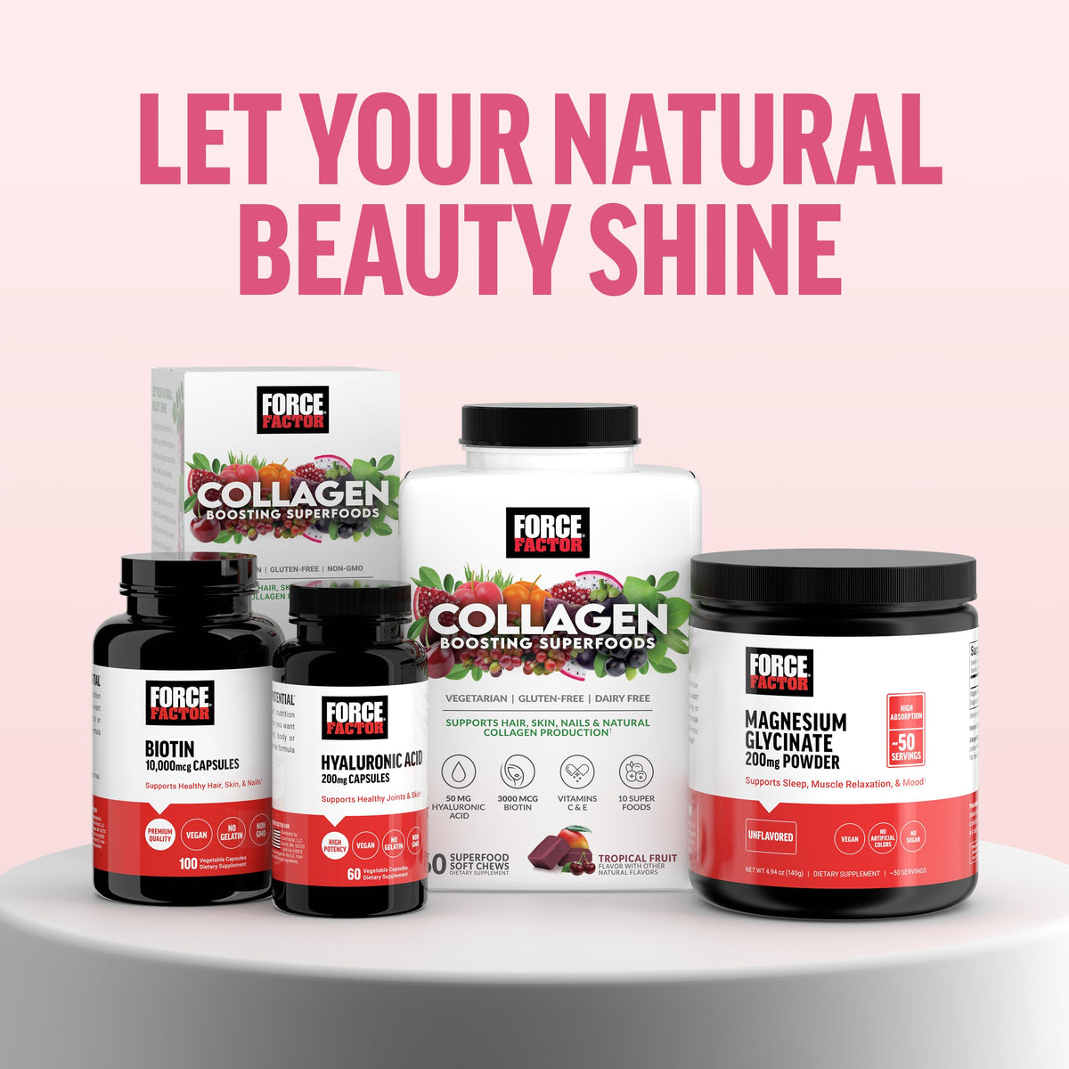 Vegetarian friendly collagen support vitamins C and E chews bottle angle view.