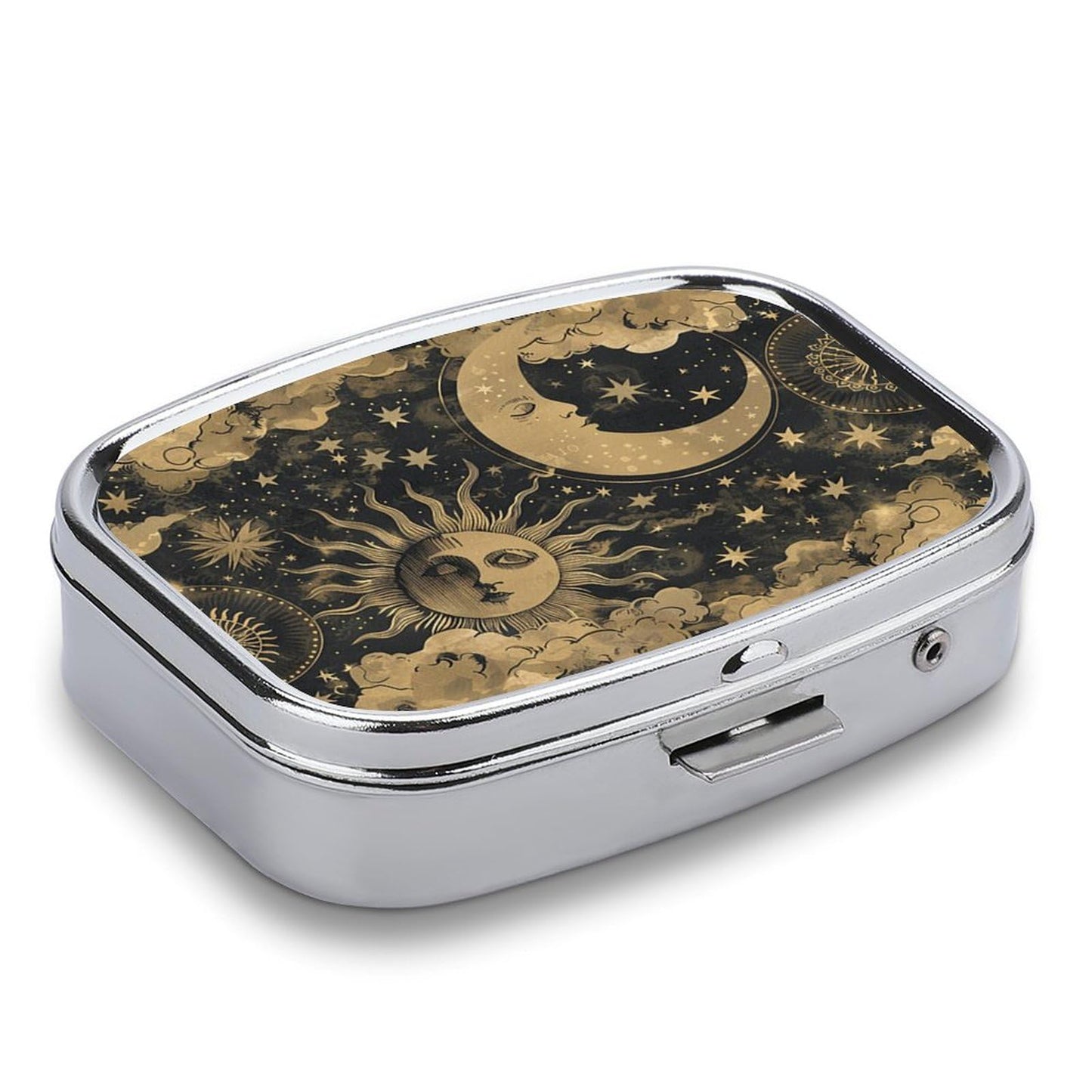 Generic portable celestial pill box showing the secure spring latch clasp and chrome sides