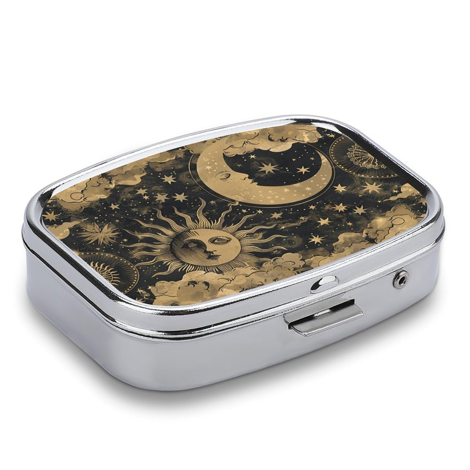 Generic portable celestial pill box showing the secure spring latch clasp and chrome sides