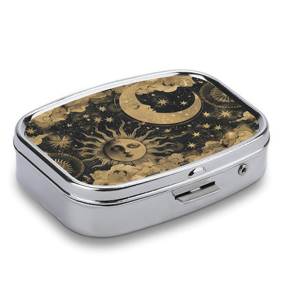 Generic portable celestial pill box showing the secure spring latch clasp and chrome sides