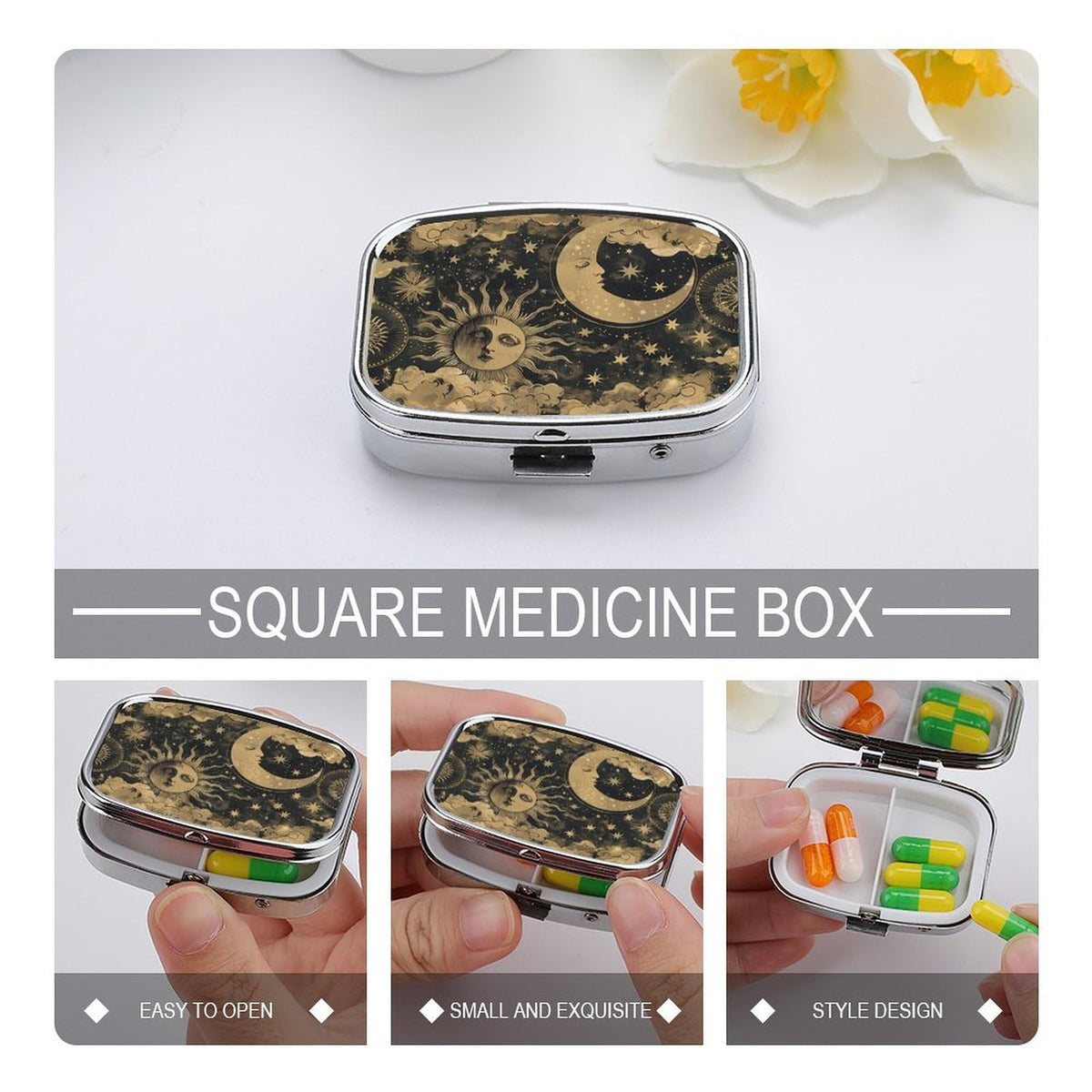 Generic pocket sized travel vitamin container held in hand to demonstrate scale