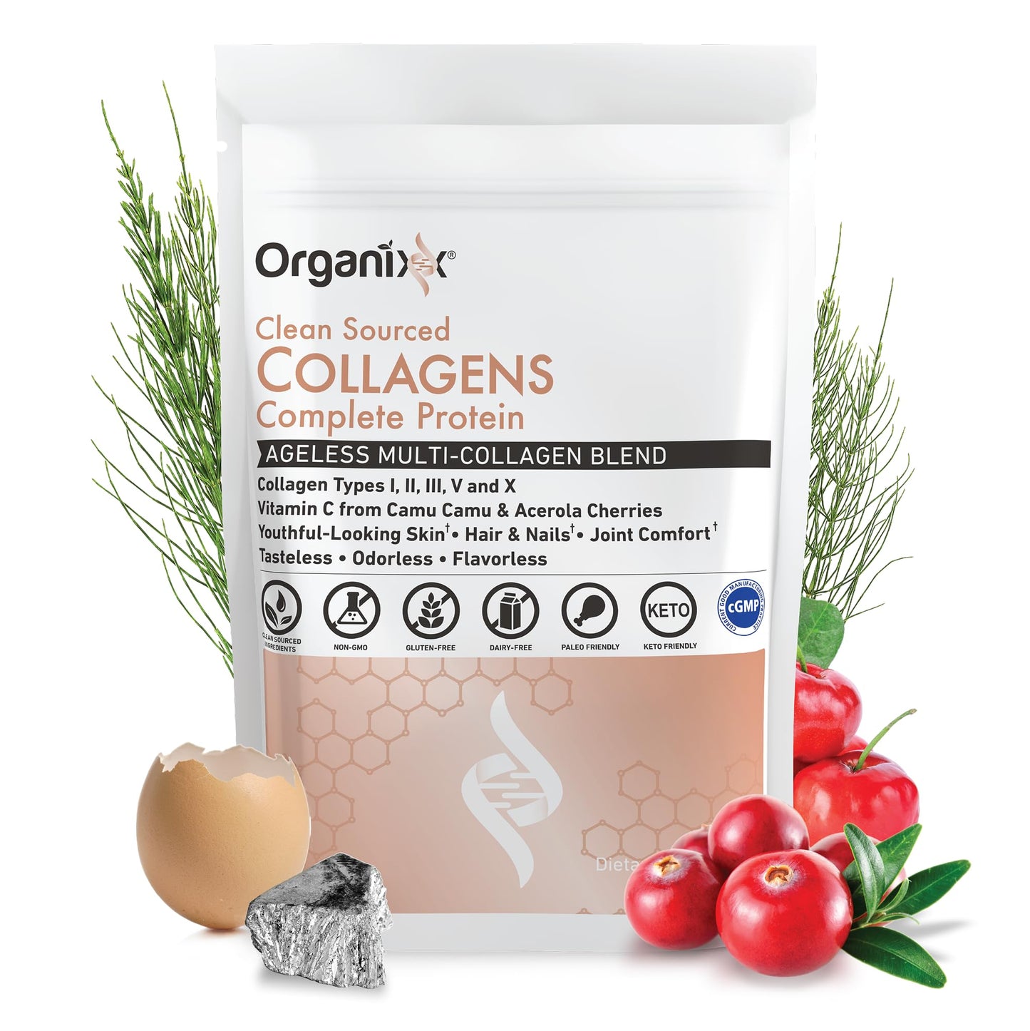Organixx multi collagen protein powder showing five collagen types for hair skin and joint health.