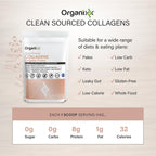 Back label of Organixx clean sourced collagen showing supplement facts complete amino acid profile and clean ingredients.