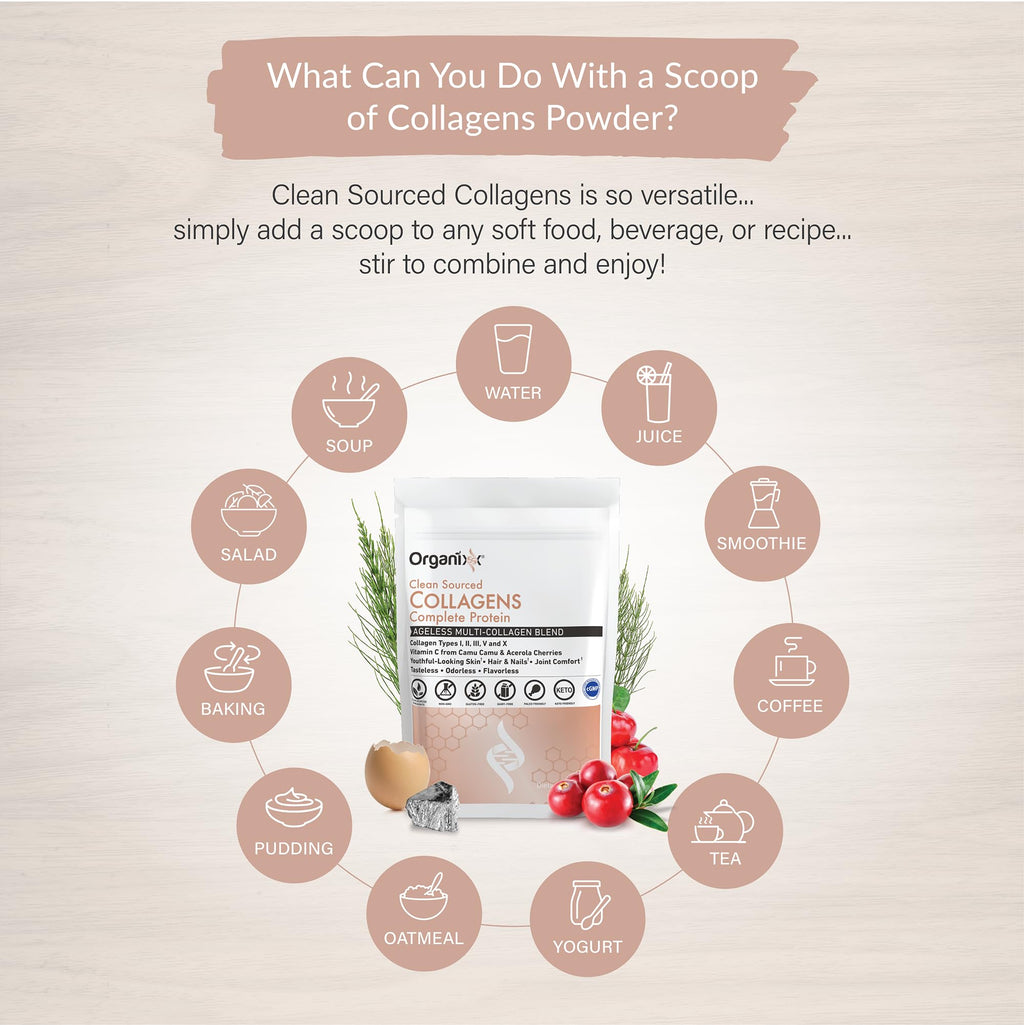 Unflavored Organixx hydrolyzed collagen powder being scooped out to show its fine mixable texture.