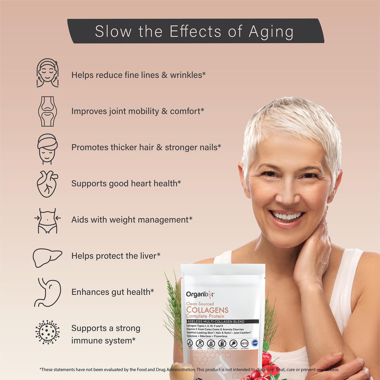 Infographic highlighting Organixx multi collagen ingredients including camu camu vitamin C zinc and eggshell membrane.