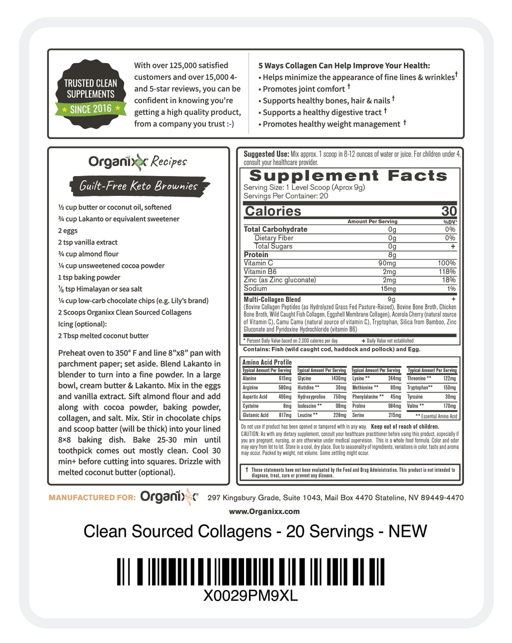 Secure packaging layout of USA imported Organixx collagen peptides powder supplement for premium wellness support.