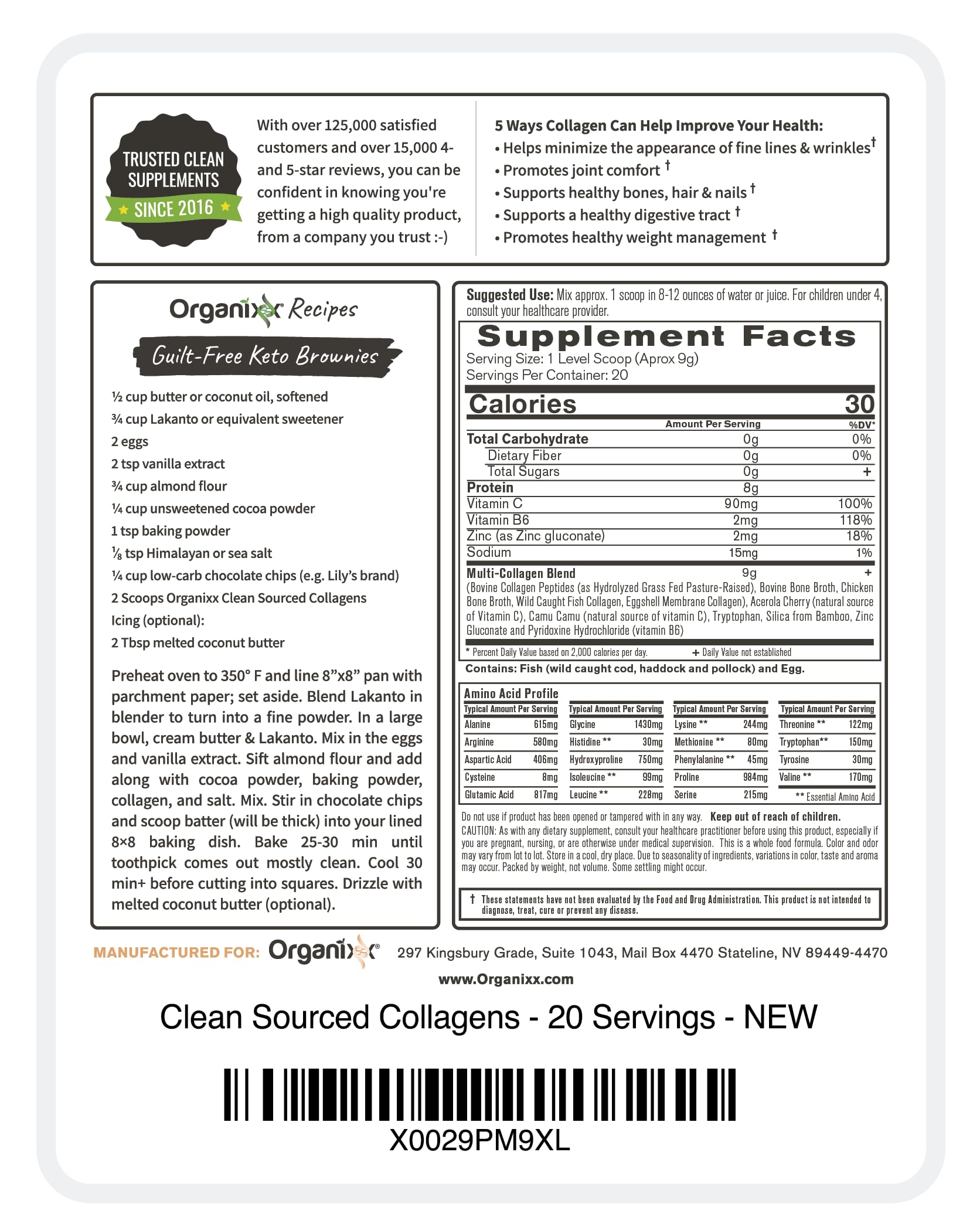 Secure packaging layout of USA imported Organixx collagen peptides powder supplement for premium wellness support.