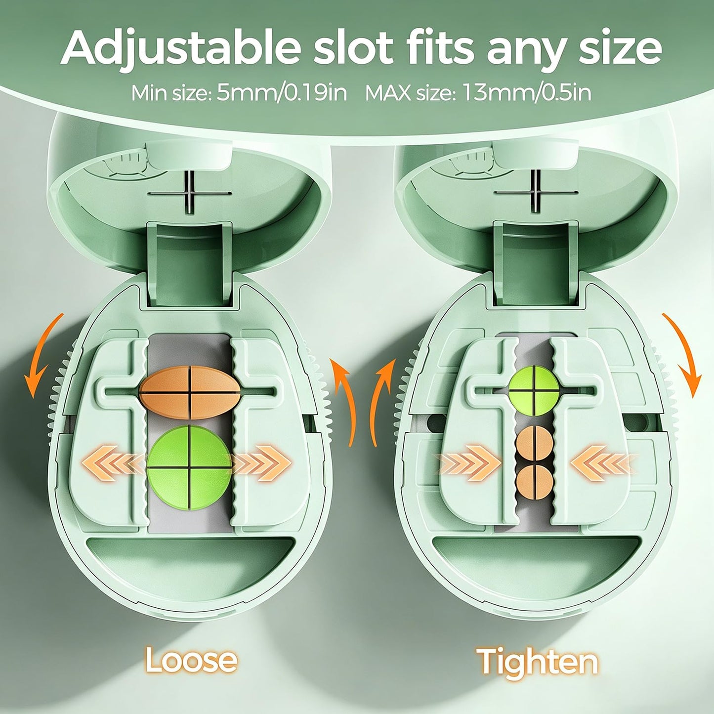 Close up view of the hidden stainless steel cutting blade and safety press button