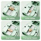 Travel friendly green medicine organizer being stored effortlessly in a compact handbag