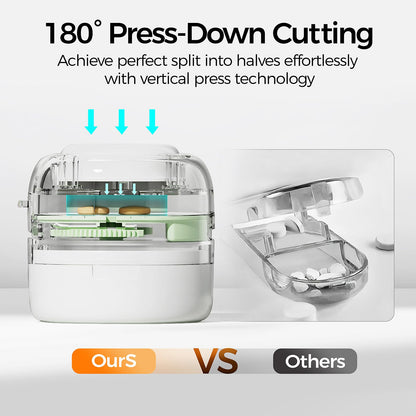 Adjustable centering guide demonstrating secure hold on multiple pill sizes