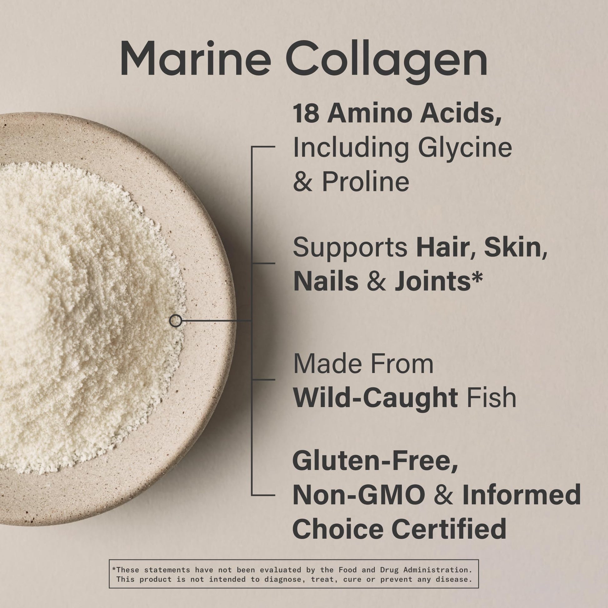 Hydrolyzed type I and III collagen powder scoop for hair and nails.