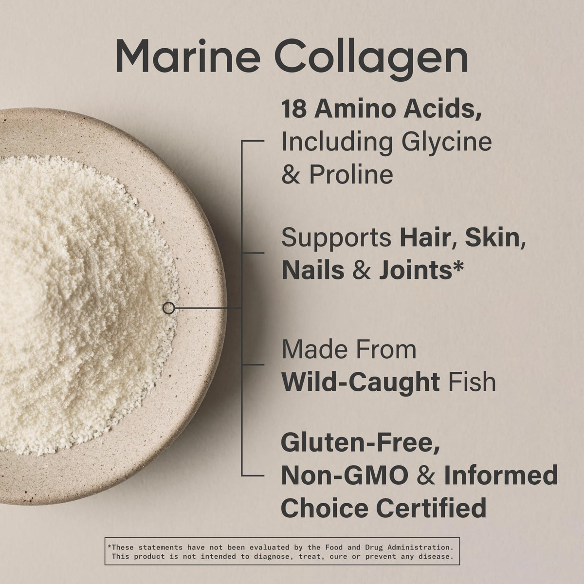 Hydrolyzed type I and III collagen powder scoop for hair and nails.