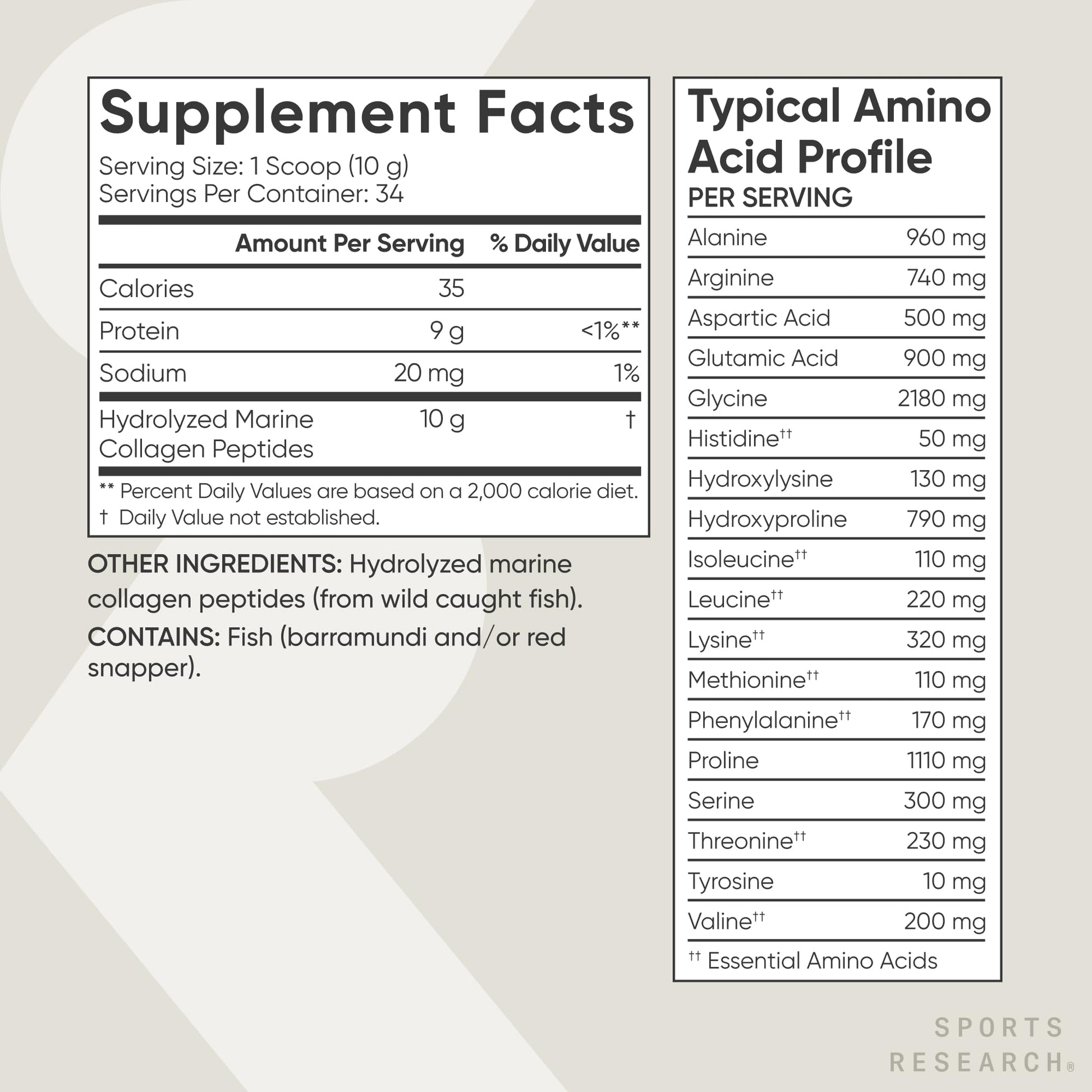 Sports Research marine collagen container showing clean sourcing details.