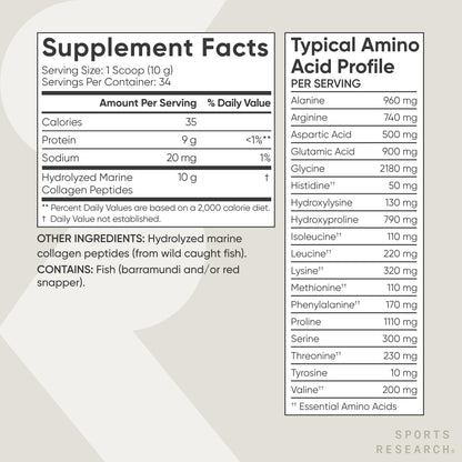 Sports Research marine collagen container showing clean sourcing details.