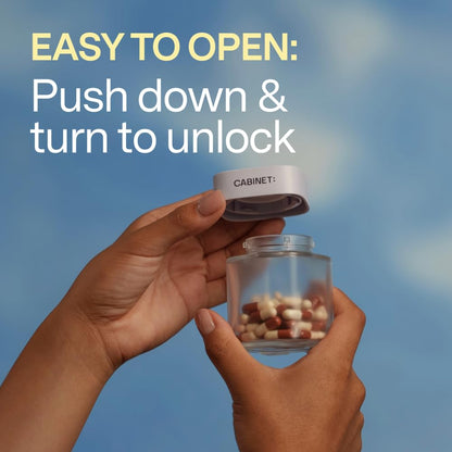 Premium frosted glass medicine storage containers from Cabinet Health close up view