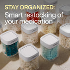 Cabinet white safety rx caps on thick milky white premium glass bottles