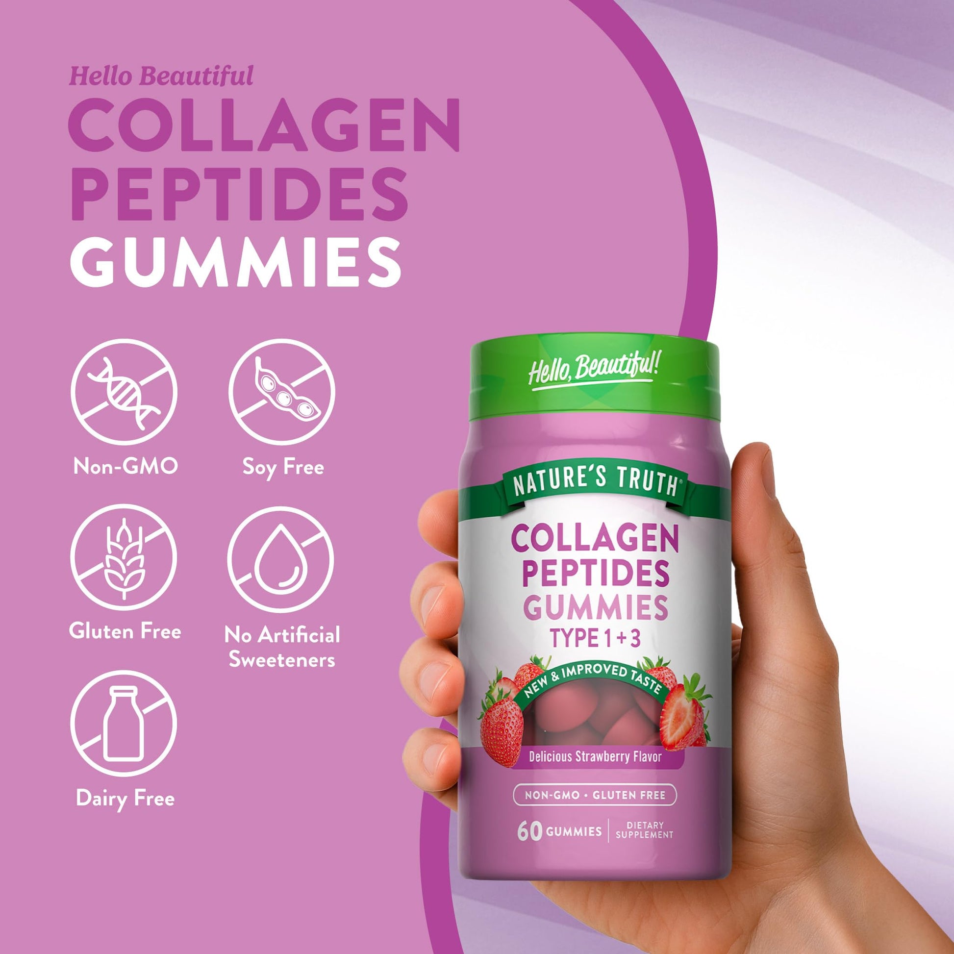 Close up of strawberry flavored chewable collagen gummies for women skin and hair support.