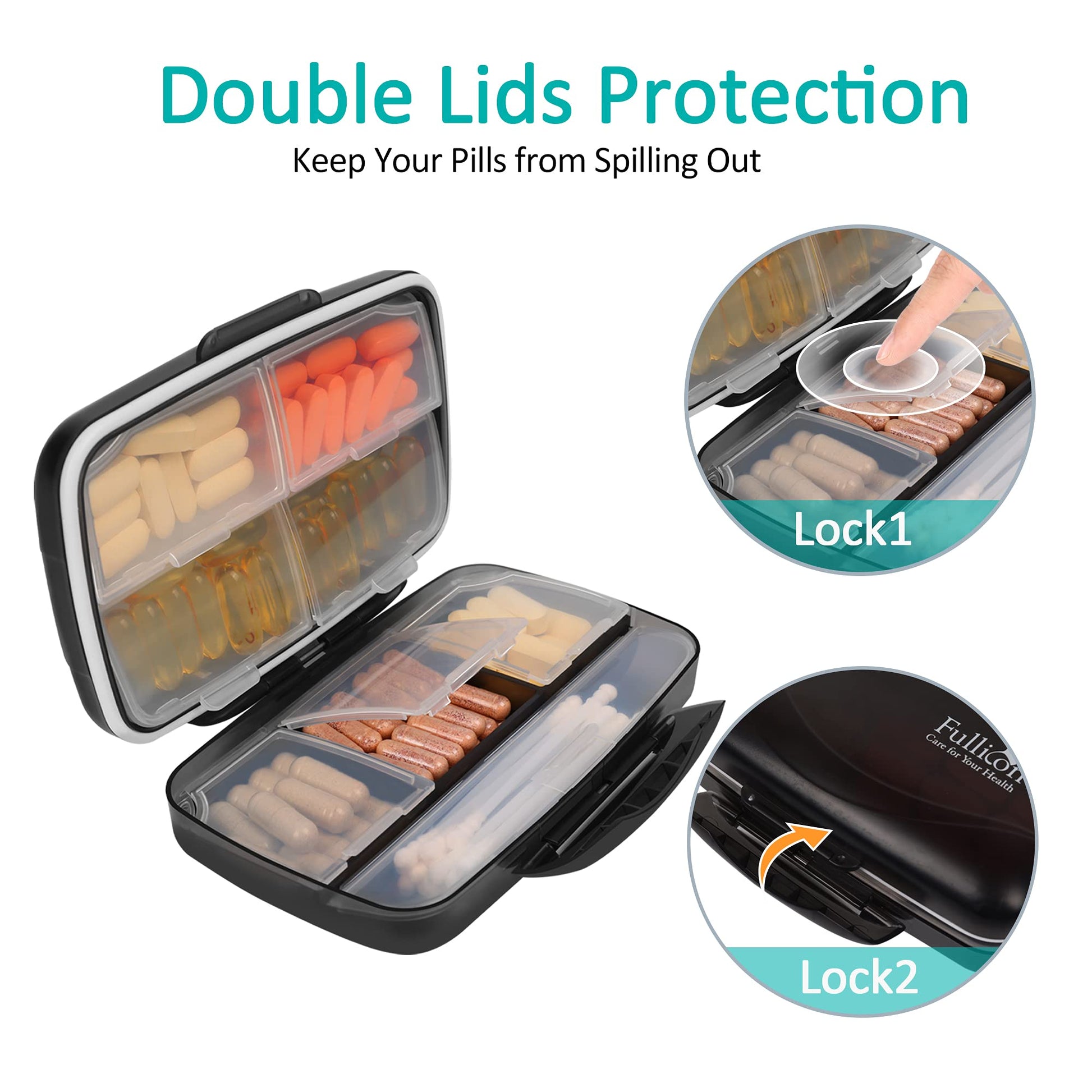 BPA free plastic supplement container featuring the double lock security latch