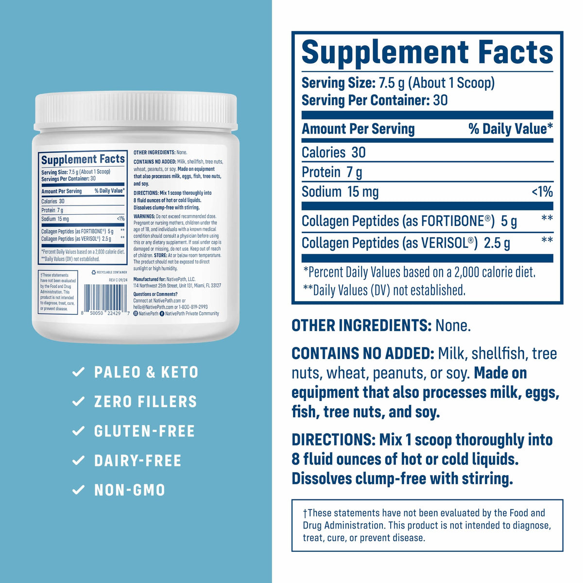 NativePath unflavored collagen powder nutrition facts panel showing Fortibone and Verisol ingredients
