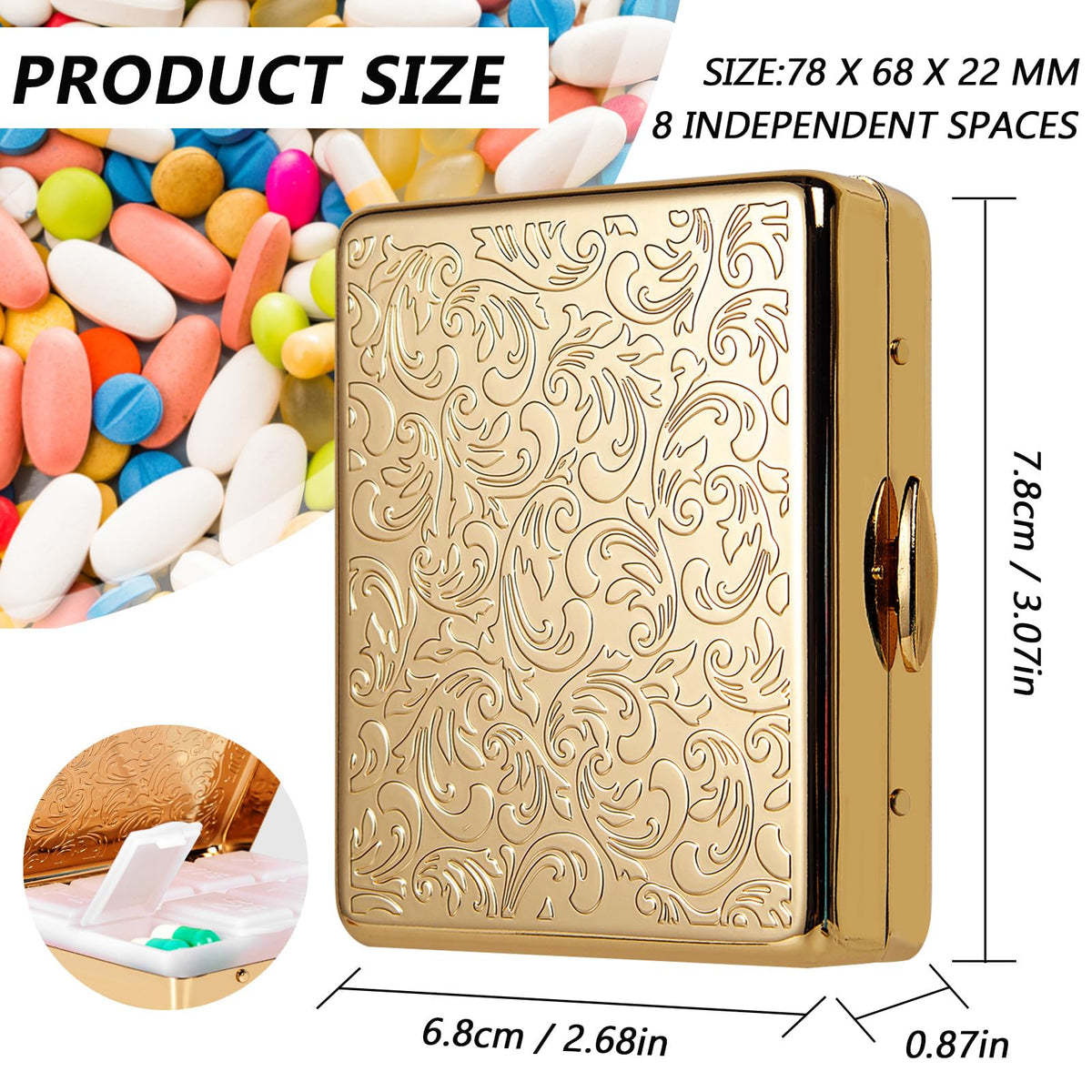 EYIWEITING weekly medicine container open view displaying eight separate BPA-free plastic compartments