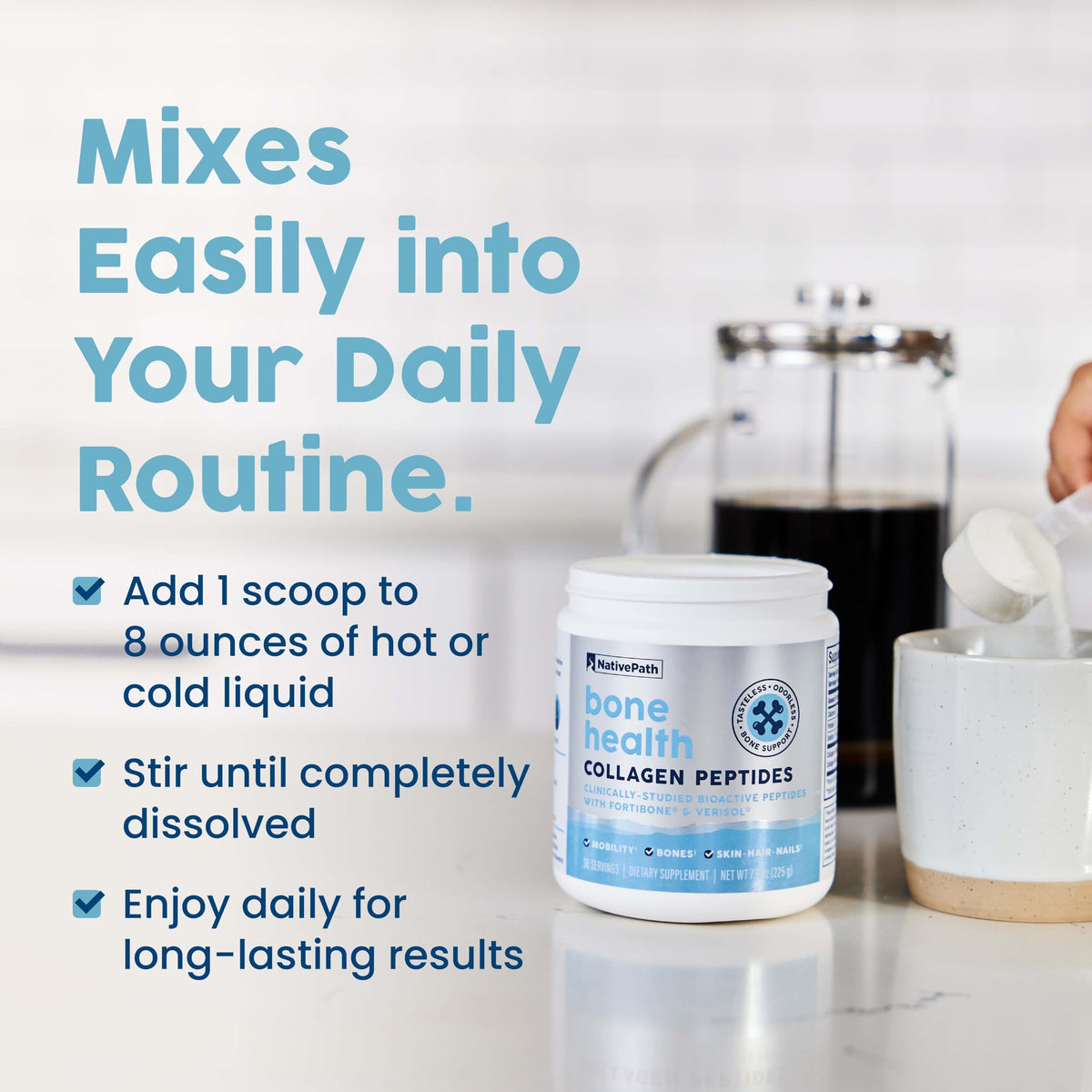 Scoop of NativePath unflavored collagen powder dissolving into a morning hot beverage