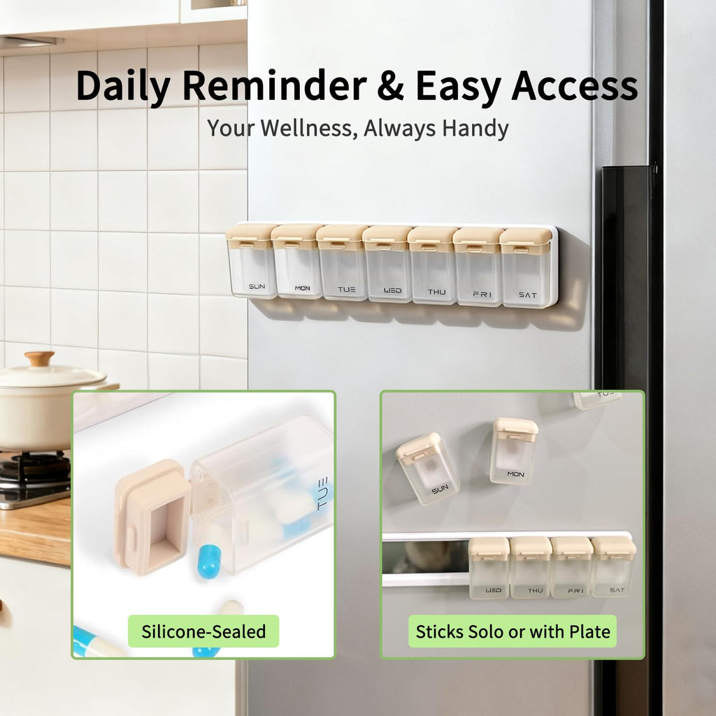 Wxyjxqy daily medication dispenser attached to a kitchen refrigerator surface