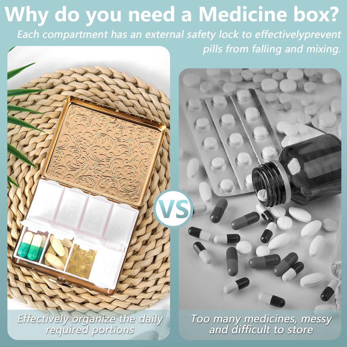 EYIWEITING compact medication planner demonstrating the easy-to-open oval metal button protection switch