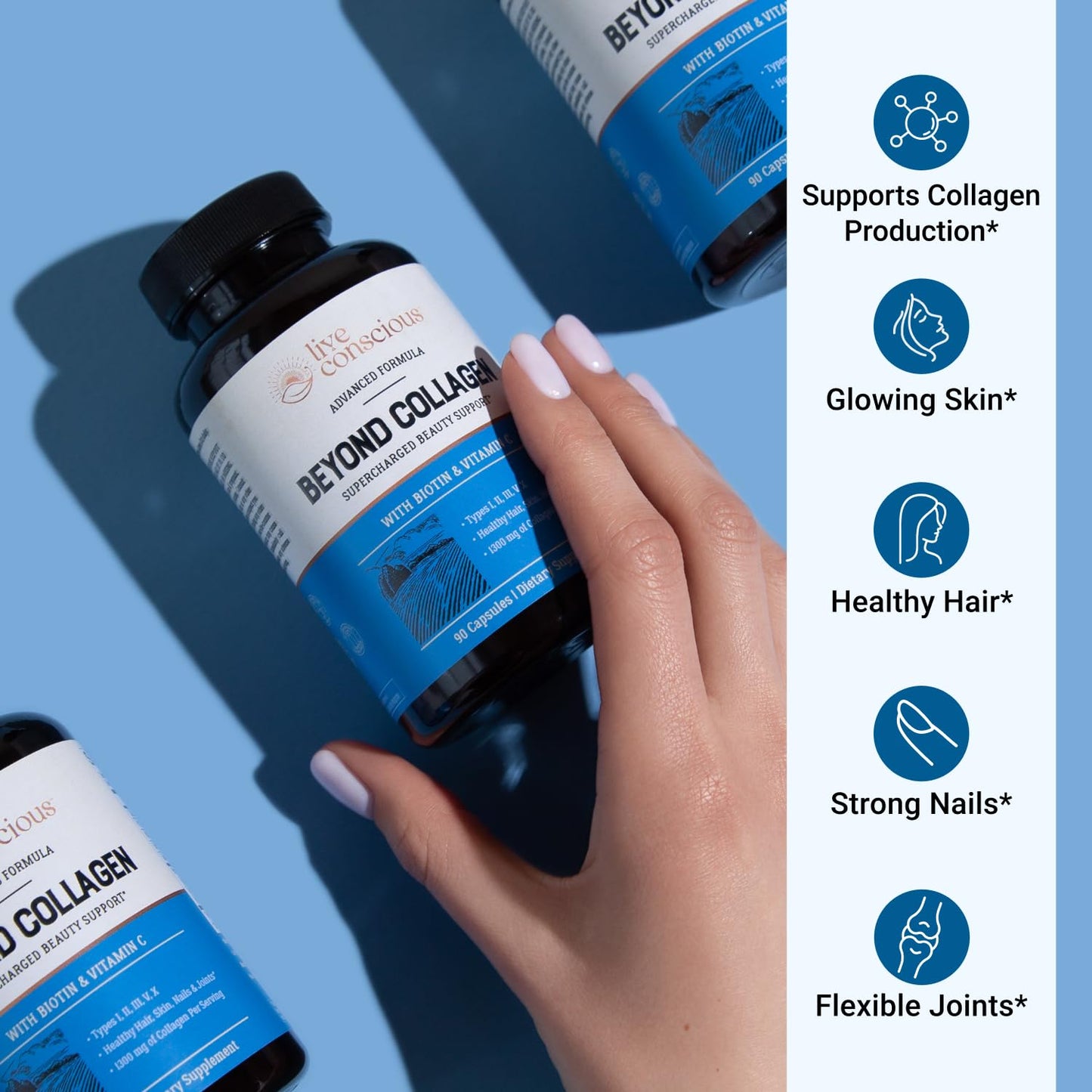 Premium USA imported Live Conscious beauty supplement capsules bottle showcasing biotin and vitamin C benefits.