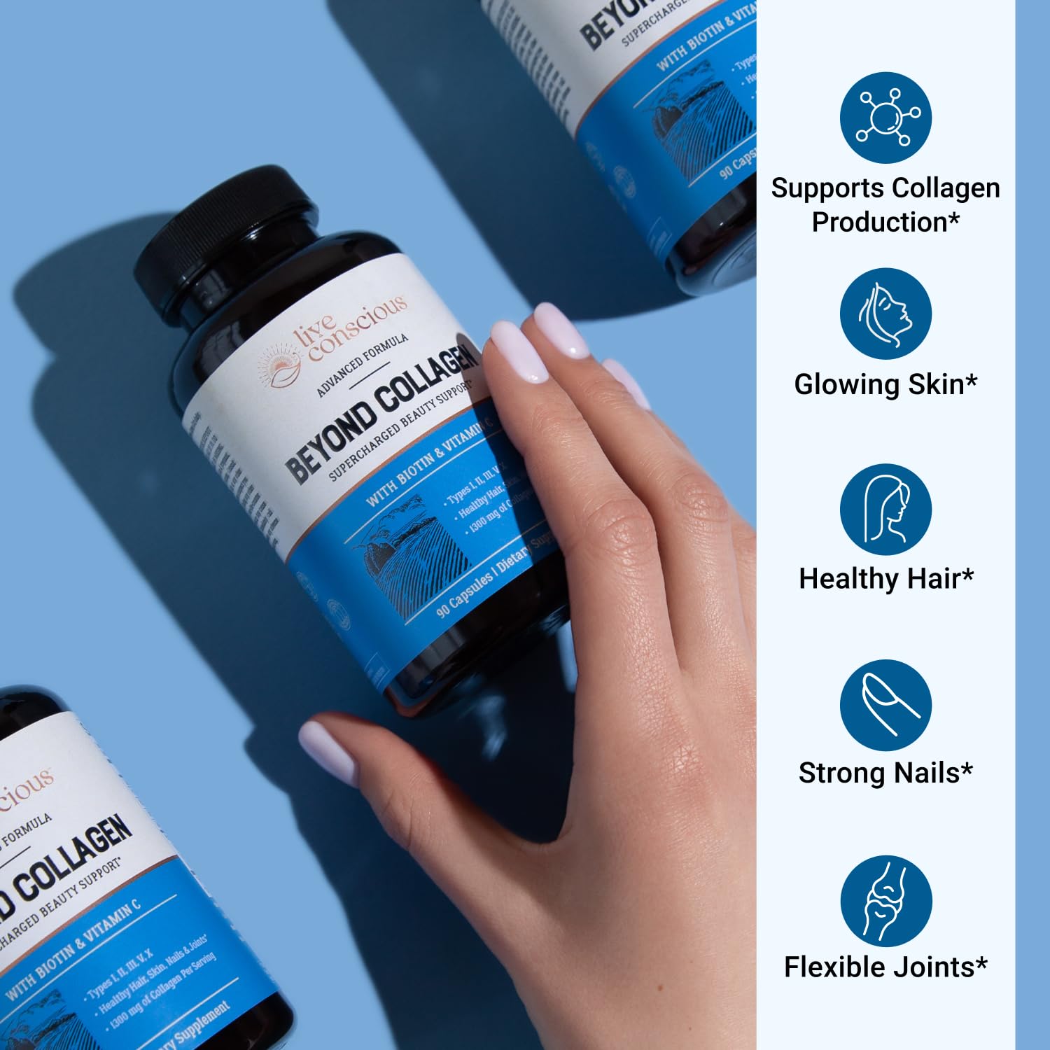 Premium USA imported Live Conscious beauty supplement capsules bottle showcasing biotin and vitamin C benefits.