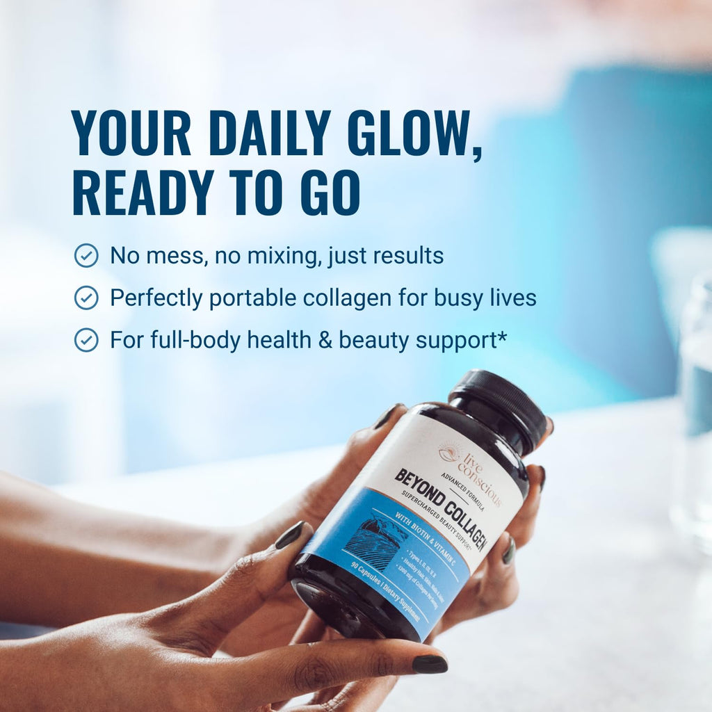 Live Conscious Beyond Collagen ninety capsules container illustrating serving size and directions.