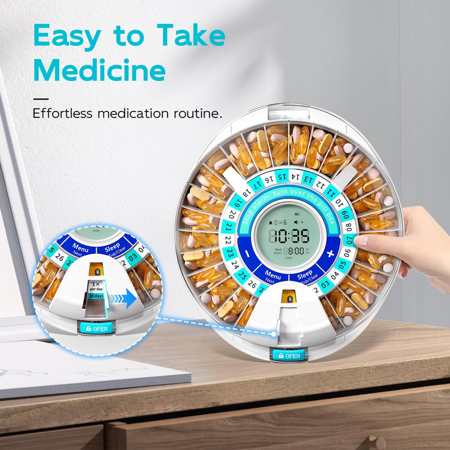 Seniors tilting the electronic locked medication manager upside down to release tablets and stop sound alerts
