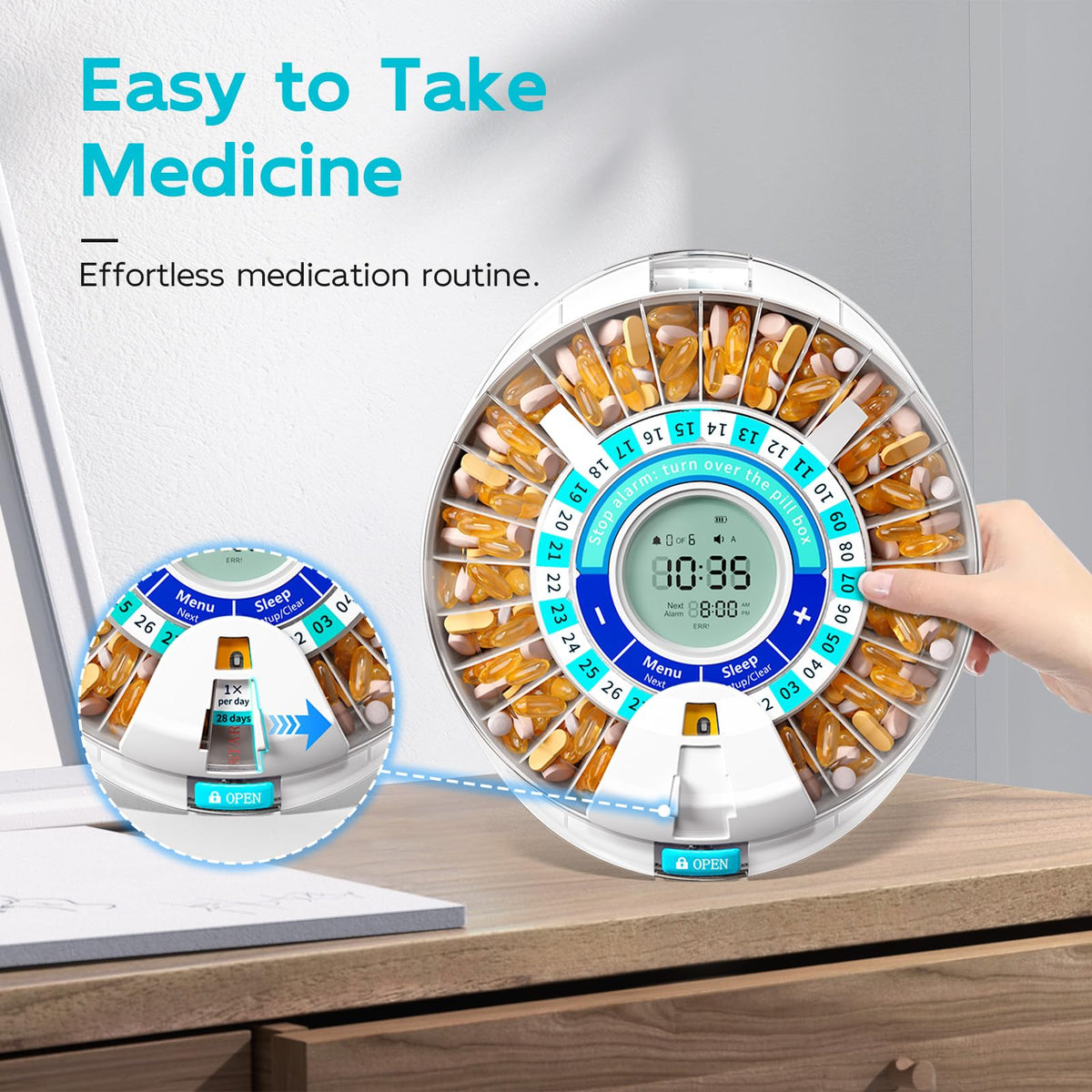 Seniors tilting the electronic locked medication manager upside down to release tablets and stop sound alerts