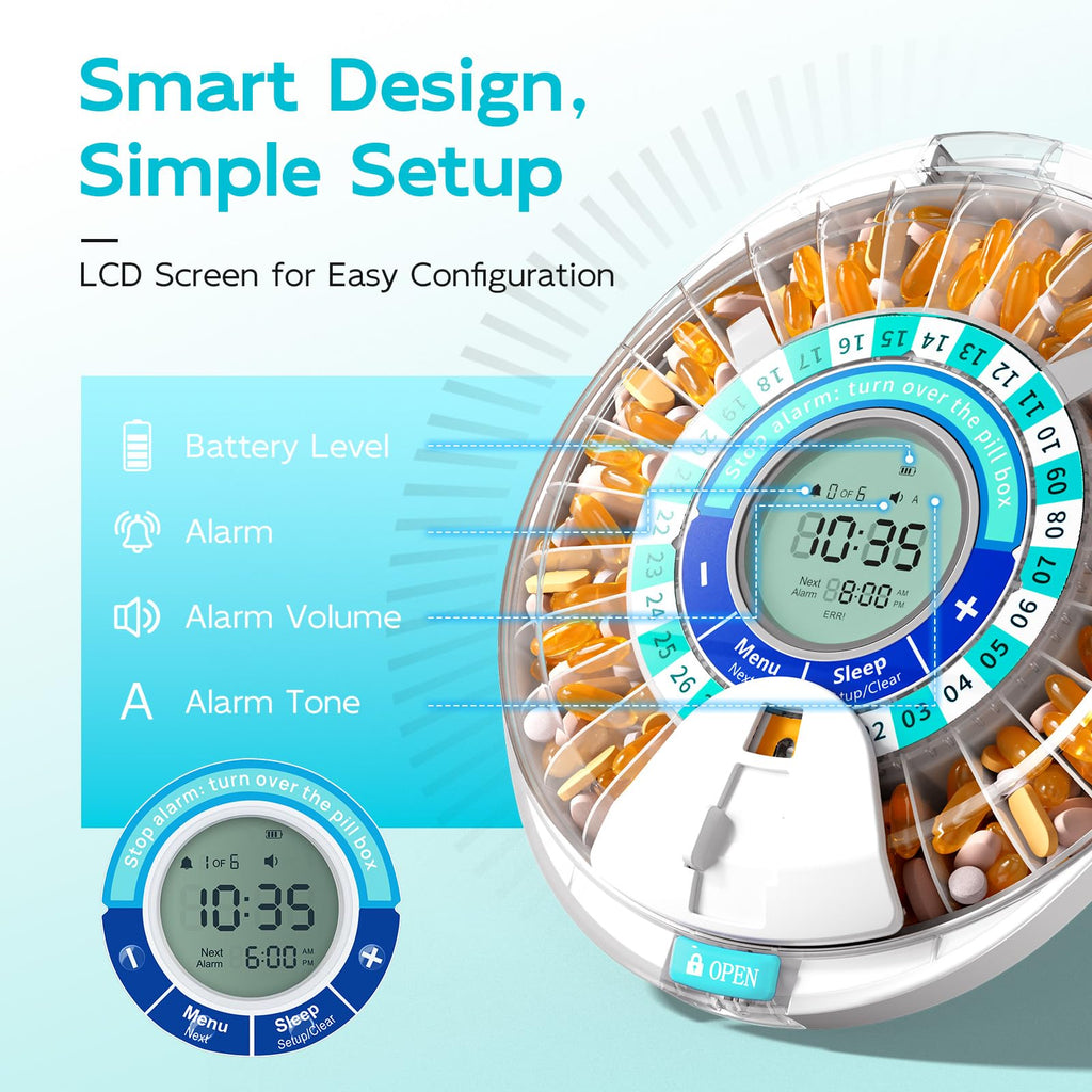 Daviky automatic pill reminder close up view showing bright liquid crystal display interface with four control buttons