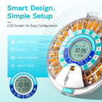 Daviky automatic pill reminder close up view showing bright liquid crystal display interface with four control buttons