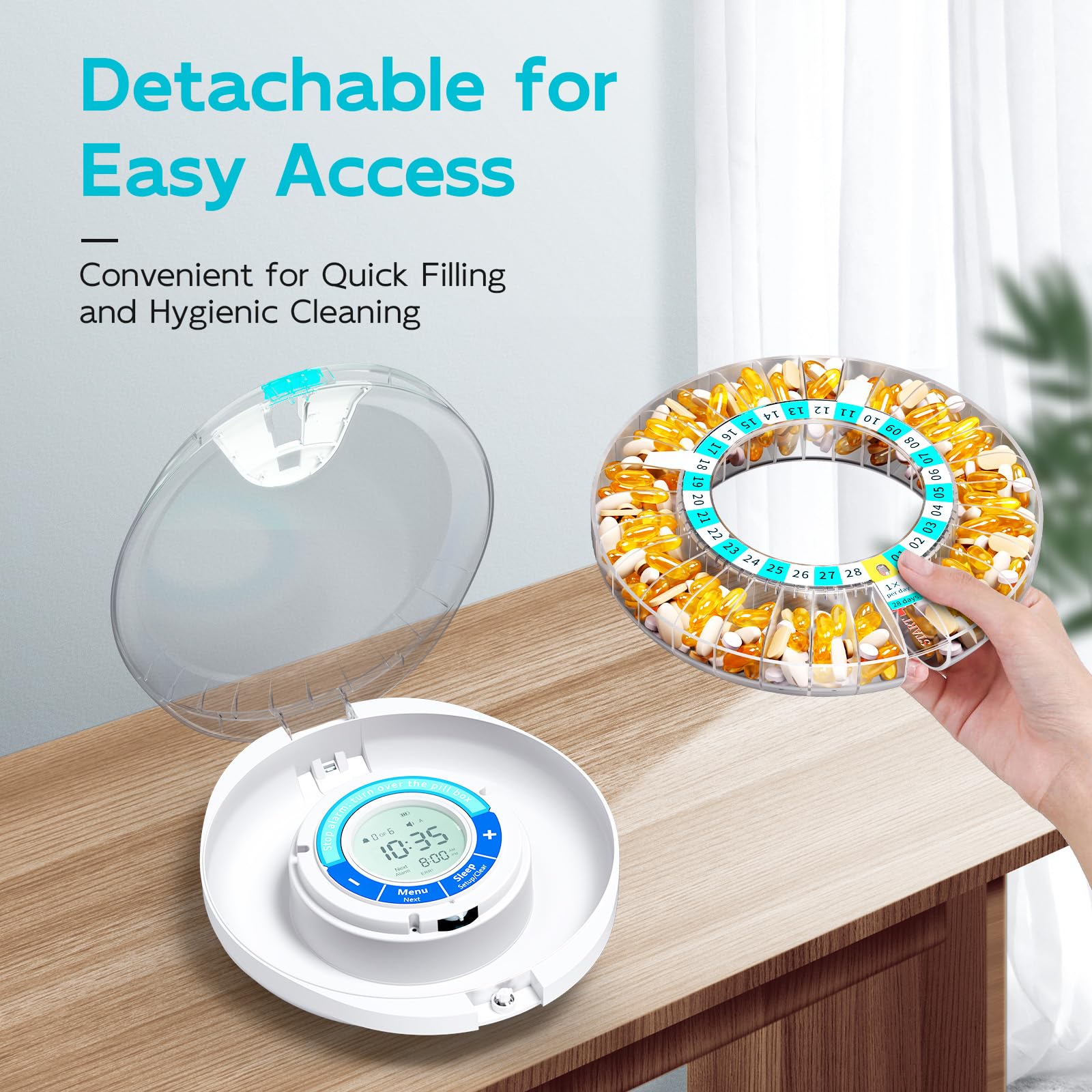 Secured medication device for elderly showing key locking mechanism on the clear protective cover for safety