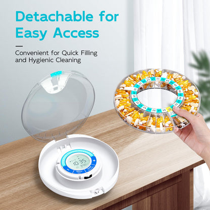 Secured medication device for elderly showing key locking mechanism on the clear protective cover for safety