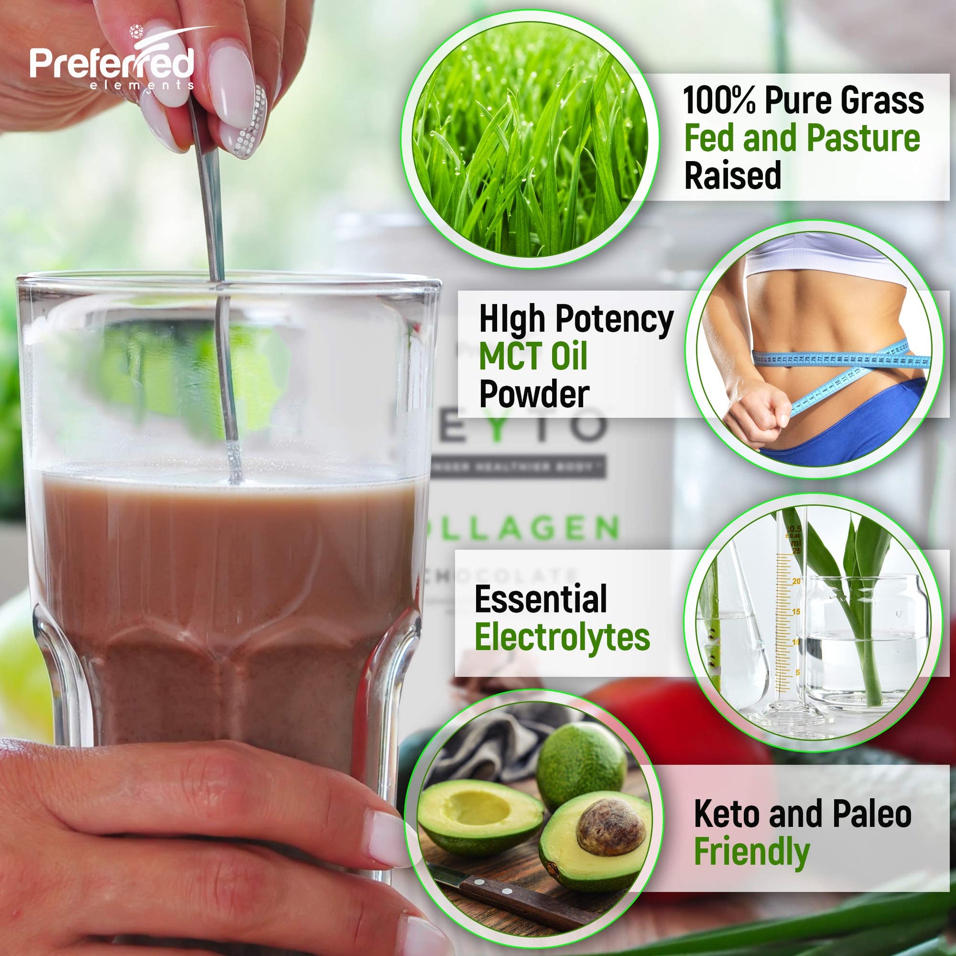 Preferred Elements hydrolyzed collagen protein powder container showing the keto friendly certification label.