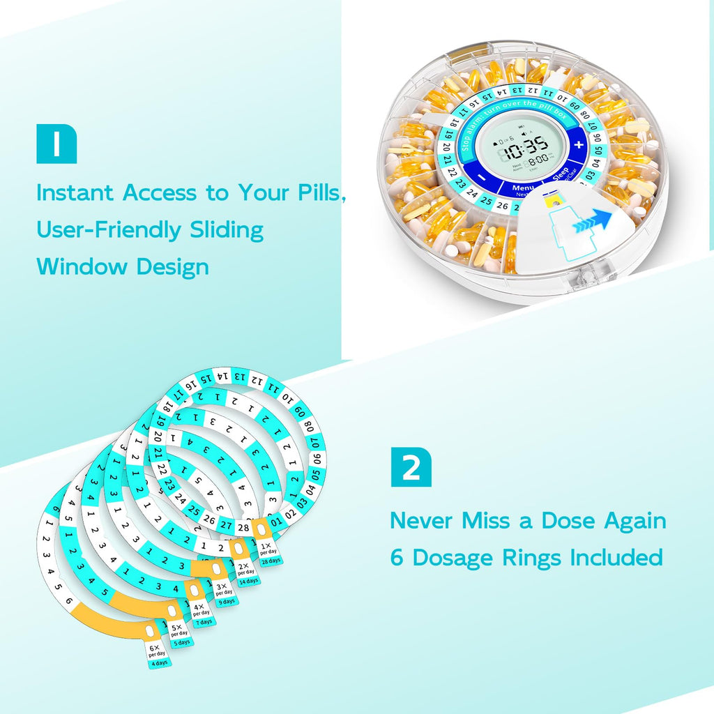Daviky automatic medicine organizer packaging including six adjustable dosage rings and battery compartment view