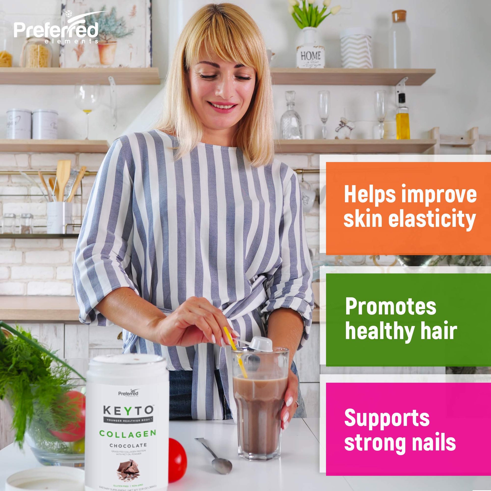 Preferred Elements chocolate keto collagen supplement nutrition facts panel showing zero sugar content.