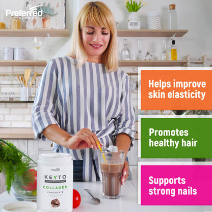 Preferred Elements chocolate keto collagen supplement nutrition facts panel showing zero sugar content.