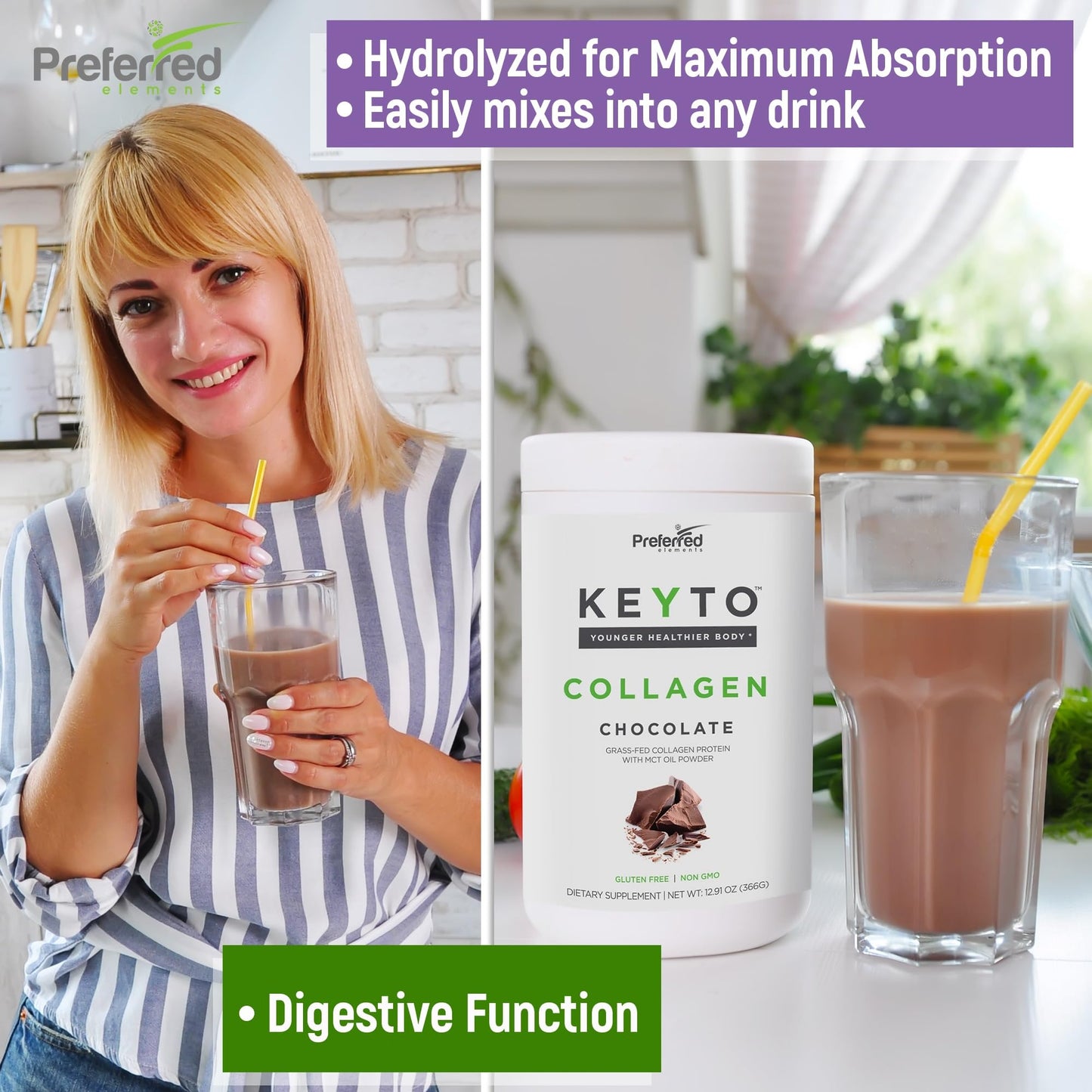 Preferred Elements pasture raised grass fed bovine collagen powder close up view of the chocolate variant.