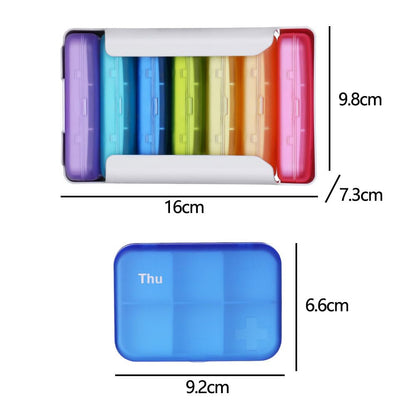 Close up view of the tactile push latch opening mechanism on the rainbow 42 compartment supplement dispenser