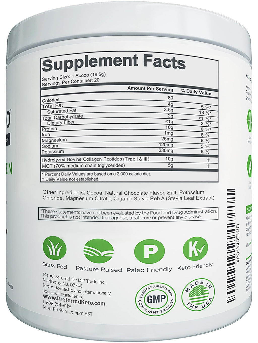 Preferred Elements Keyto chocolate collagen peptide powder displayed on a clean background.